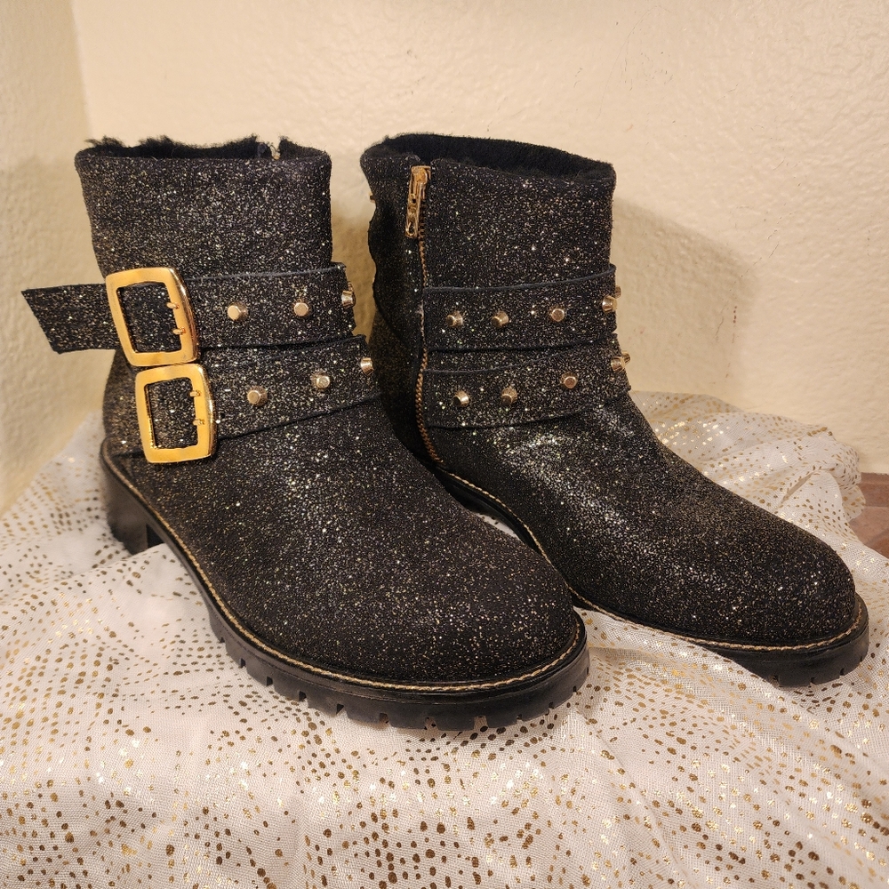 Ross & Snow Gold Glitter Black Leather Ankle Combat Boot Style Size 9